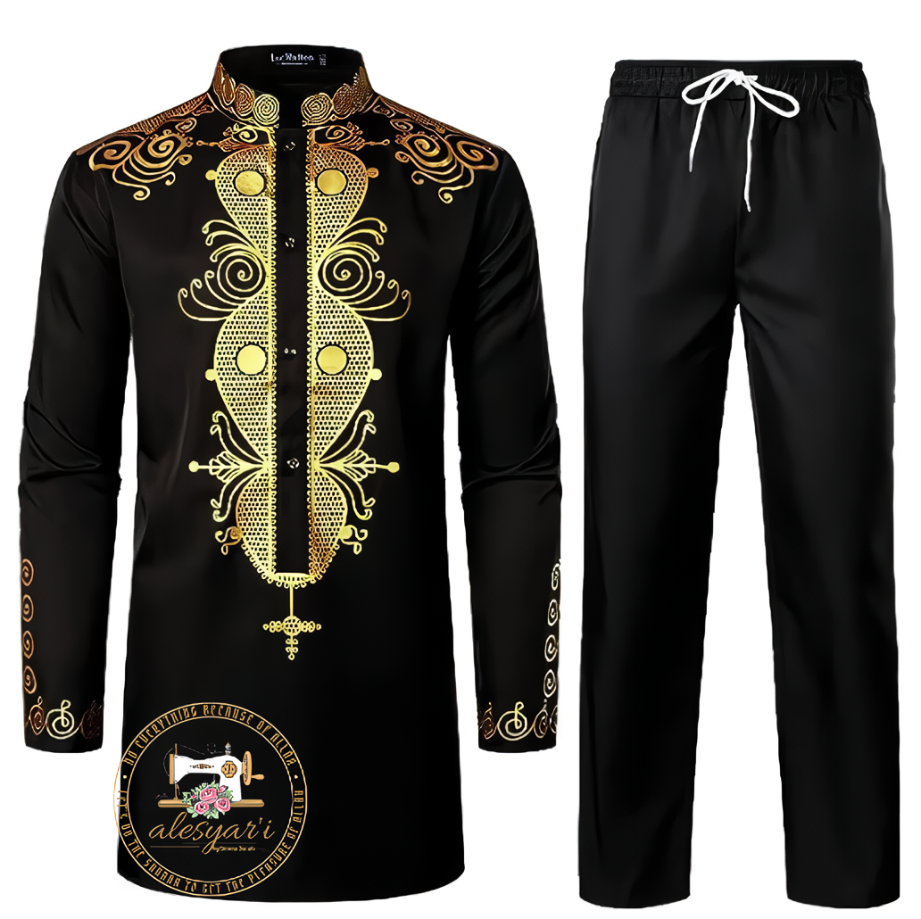 Alesyari Shop I Men Metal Gold-Printed Long Sleeved Shirt with Collar Perfect for Weddings and National Celebrations in a Two-Piece Set