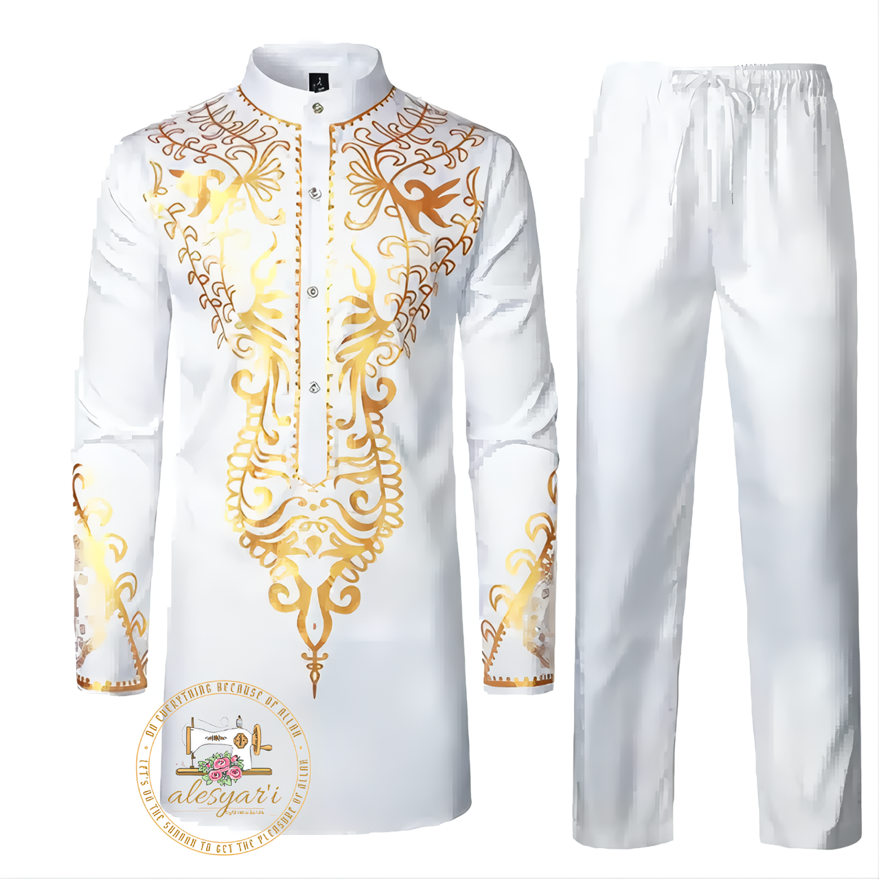 Alesyari Shop I Men Metal Gold-Printed Long Sleeved Shirt with Collar Perfect for Weddings and National Celebrations in a Two-Piece Set