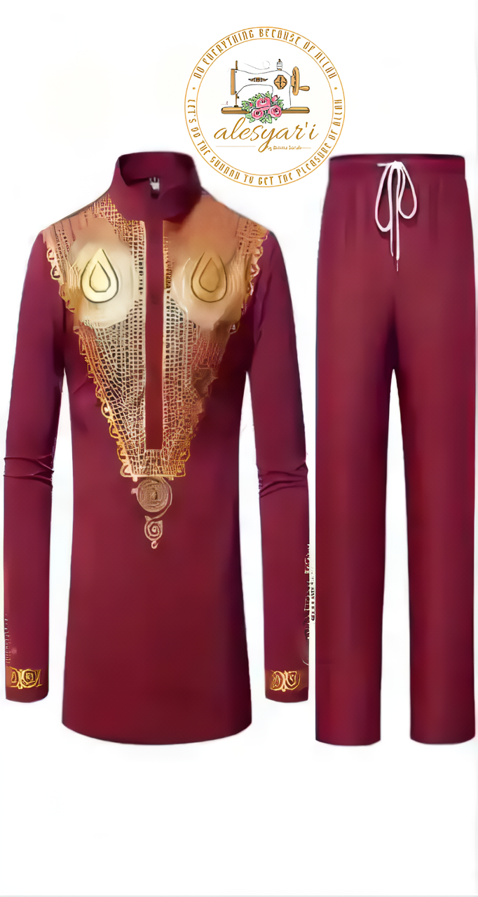 Alesyari Shop I Men Metal Gold-Printed Long Sleeved Shirt with Collar Perfect for Weddings and National Celebrations in a Two-Piece Set