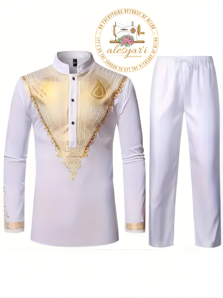 Alesyari Shop I Men Metal Gold-Printed Long Sleeved Shirt with Collar Perfect for Weddings and National Celebrations in a Two-Piece Set