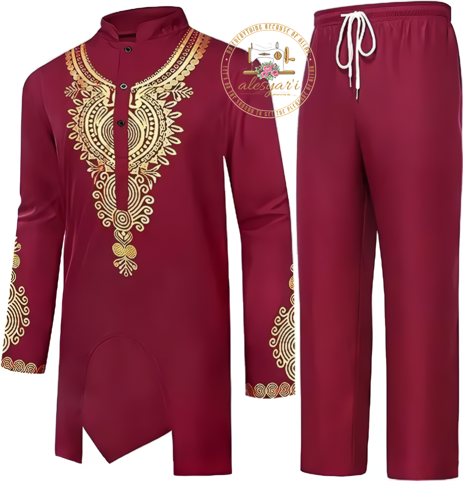 Alesyari Shop I Men Metal Gold-Printed Long Sleeved Shirt with Collar Perfect for Weddings and National Celebrations in a Two-Piece Set