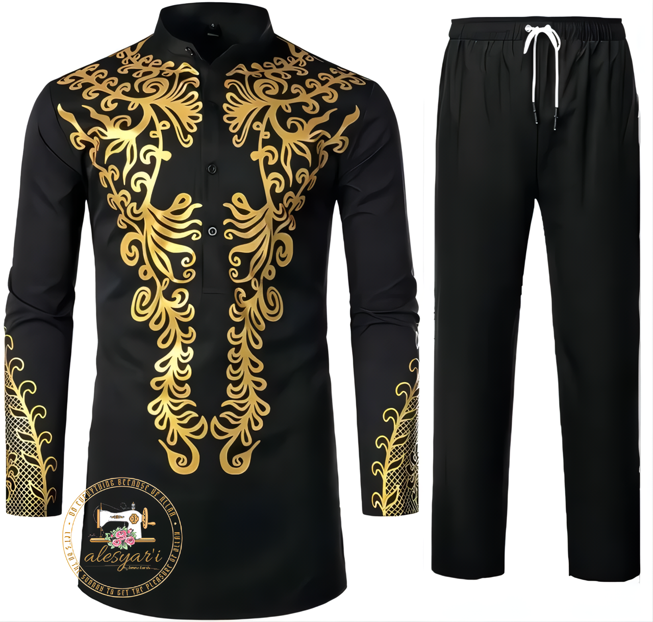 Alesyari Shop I Men Metal Gold-Printed Long Sleeved Shirt with Collar Perfect for Weddings and National Celebrations in a Two-Piece Set