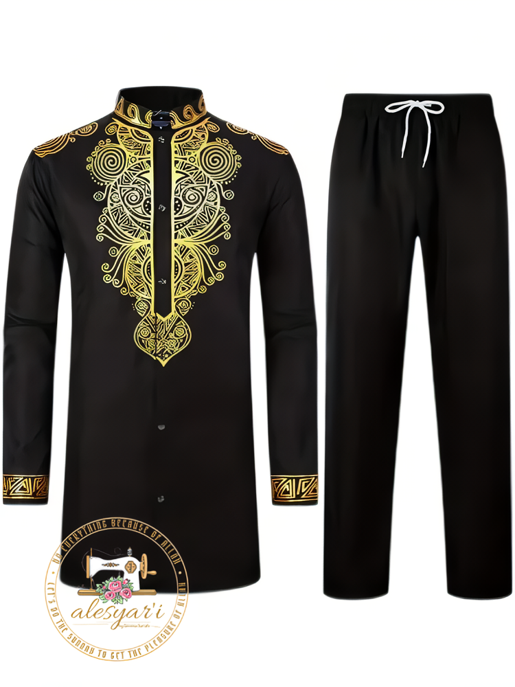 Alesyari Shop I Men Metal Gold-Printed Long Sleeved Shirt with Collar Perfect for Weddings and National Celebrations in a Two-Piece Set