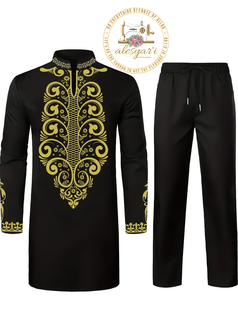 Alesyari Shop I Men Metal Gold-Printed Long Sleeved Shirt with Collar Perfect for Weddings and National Celebrations in a Two-Piece Set