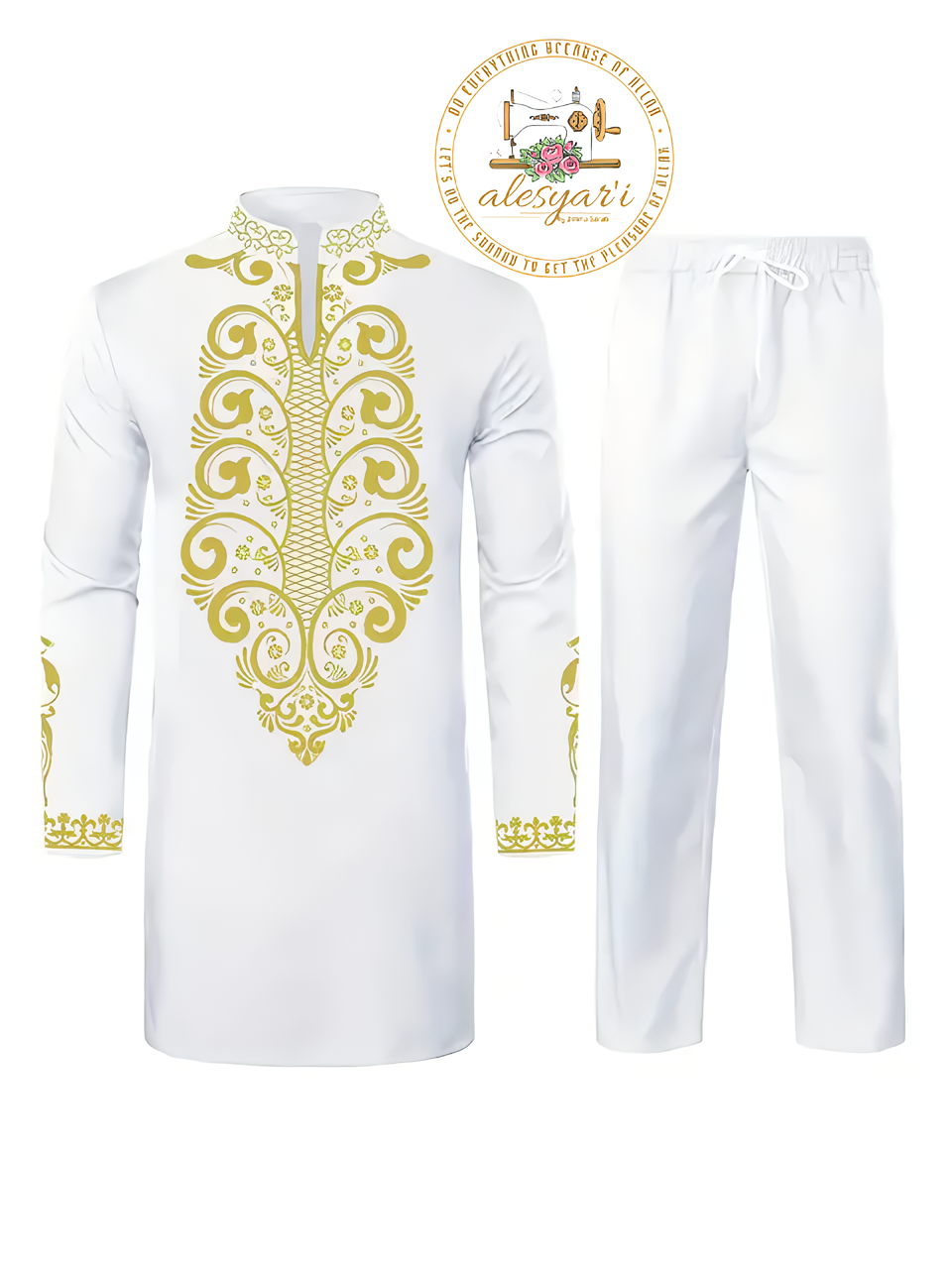 Alesyari Shop I Men Metal Gold-Printed Long Sleeved Shirt with Collar Perfect for Weddings and National Celebrations in a Two-Piece Set