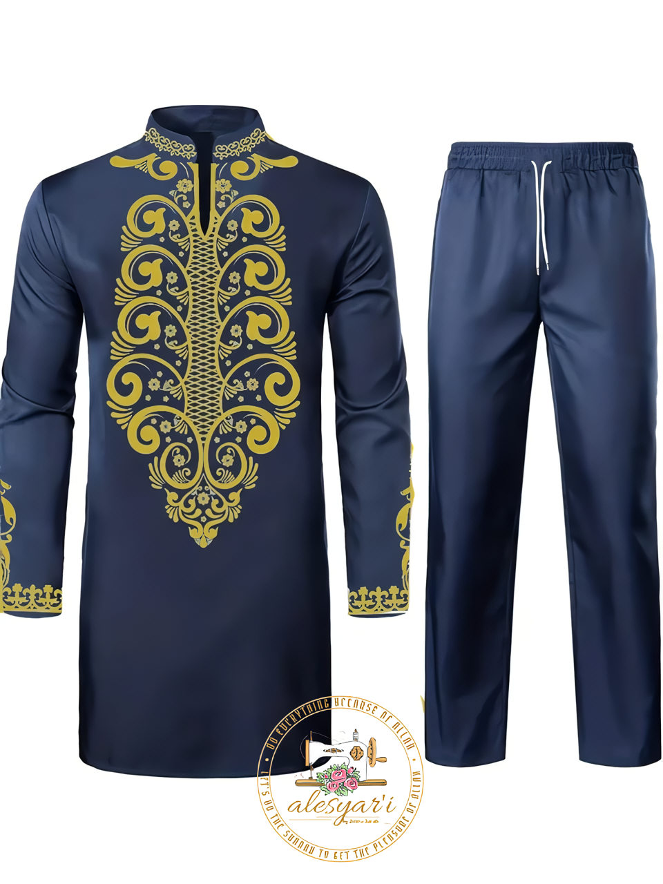 Alesyari Shop I Men Metal Gold-Printed Long Sleeved Shirt with Collar Perfect for Weddings and National Celebrations in a Two-Piece Set