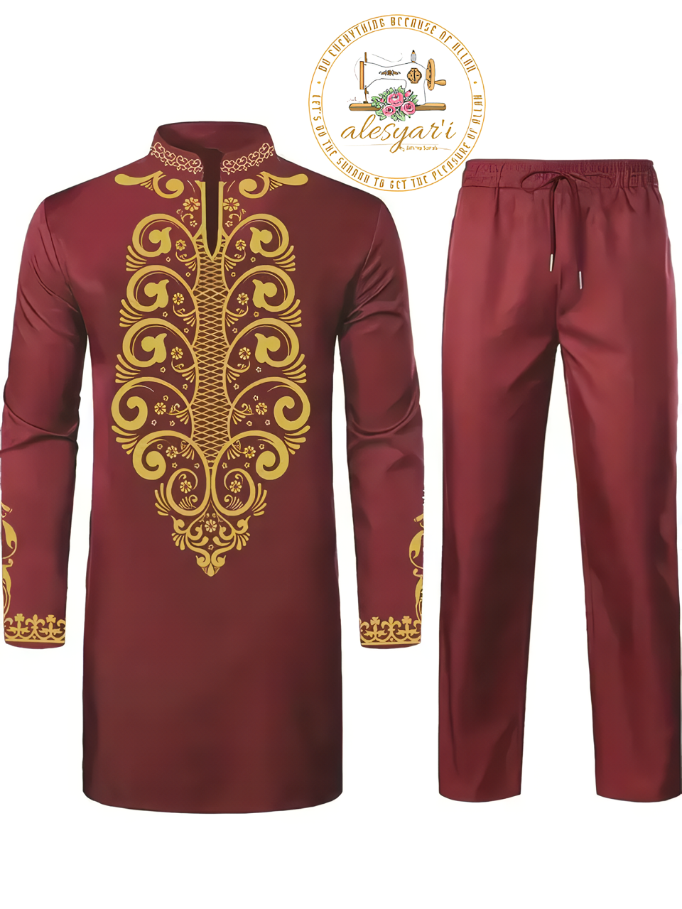 Alesyari Shop I Men Metal Gold-Printed Long Sleeved Shirt with Collar Perfect for Weddings and National Celebrations in a Two-Piece Set