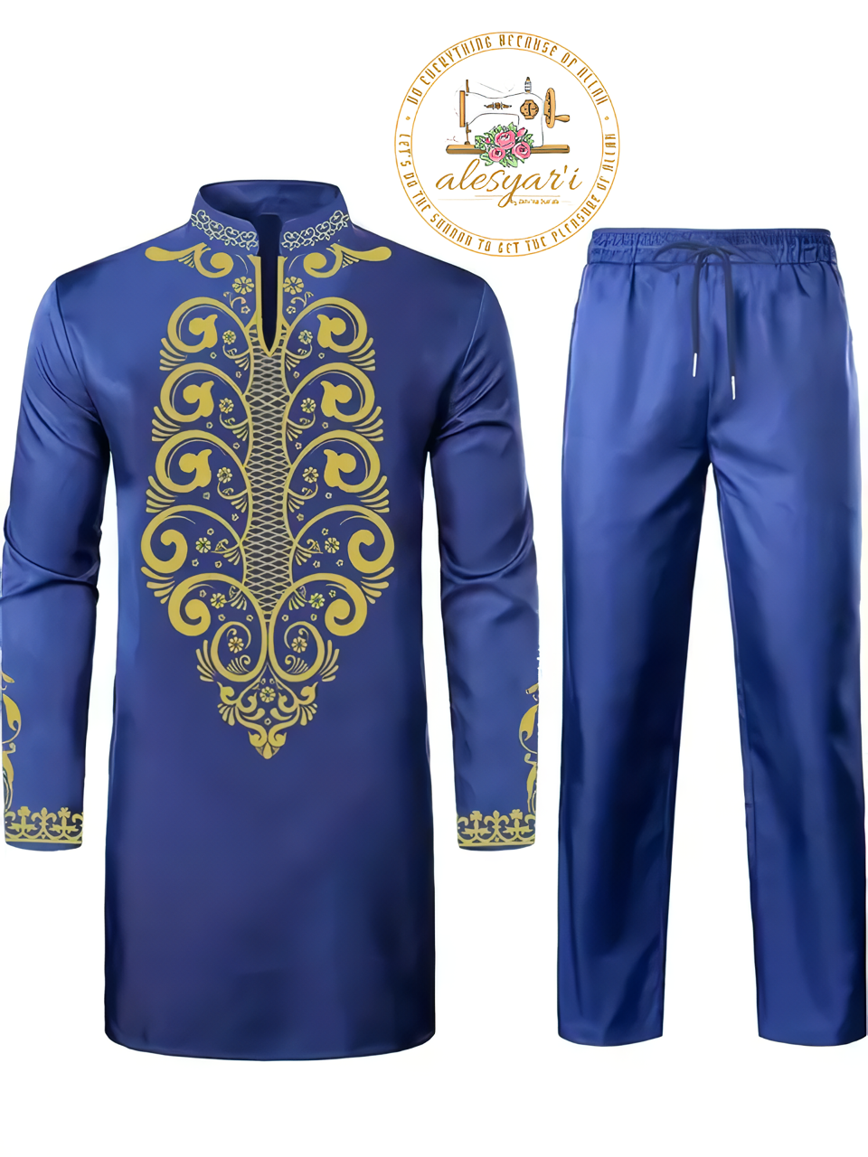 Alesyari Shop I Men Metal Gold-Printed Long Sleeved Shirt with Collar Perfect for Weddings and National Celebrations in a Two-Piece Set