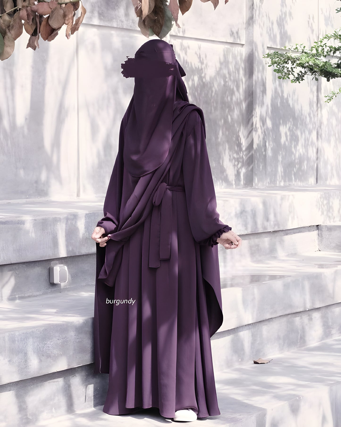 Abaya Nourah Series Basic Non Pad Khimar with Niqab Bandana in Burgundy color.