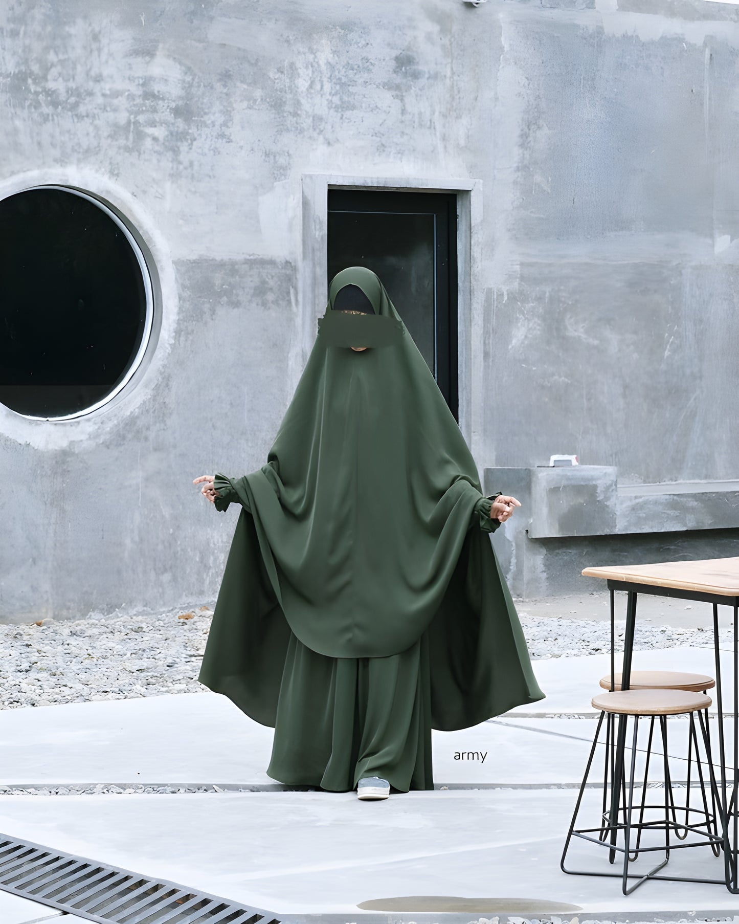 Abaya Nourah Series Basic Non Pad Khimar in Army color.