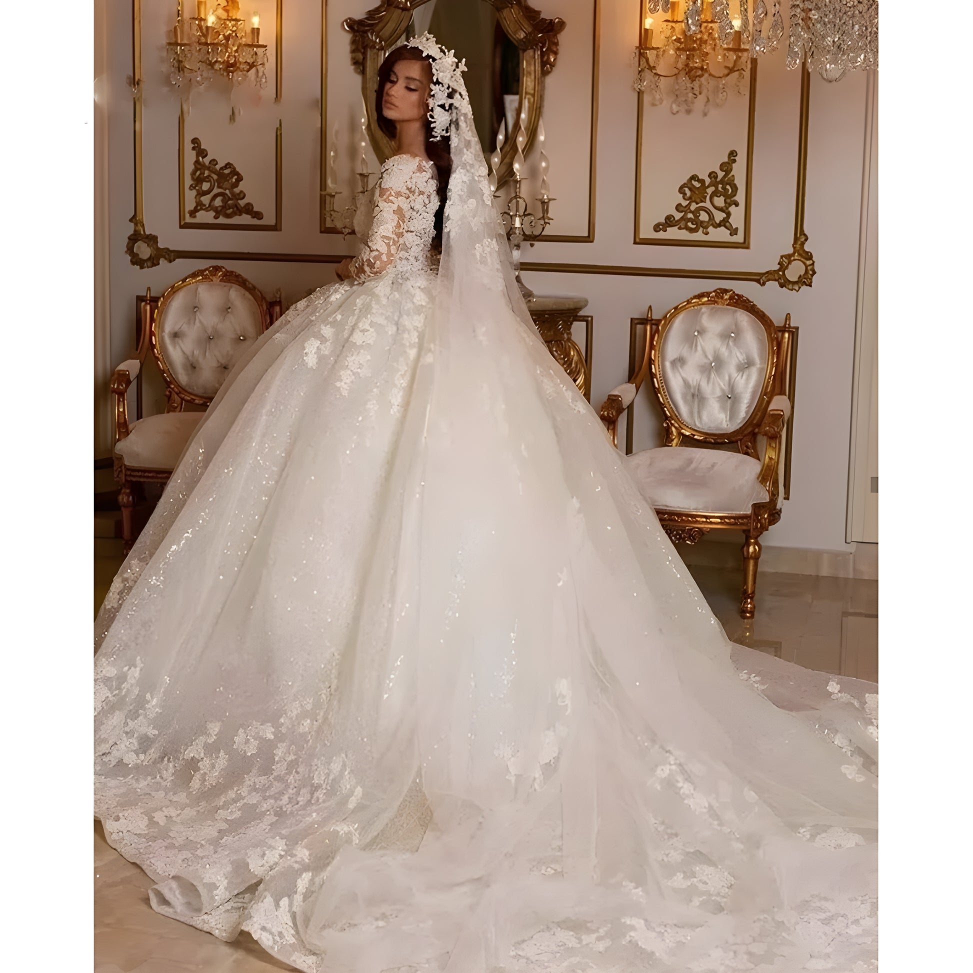 Retro Lace Wedding Dresses Princess Ball Gown Beading Bridal Gowns Shinny Long Sleeves Ivory Dubai Marriage Dress