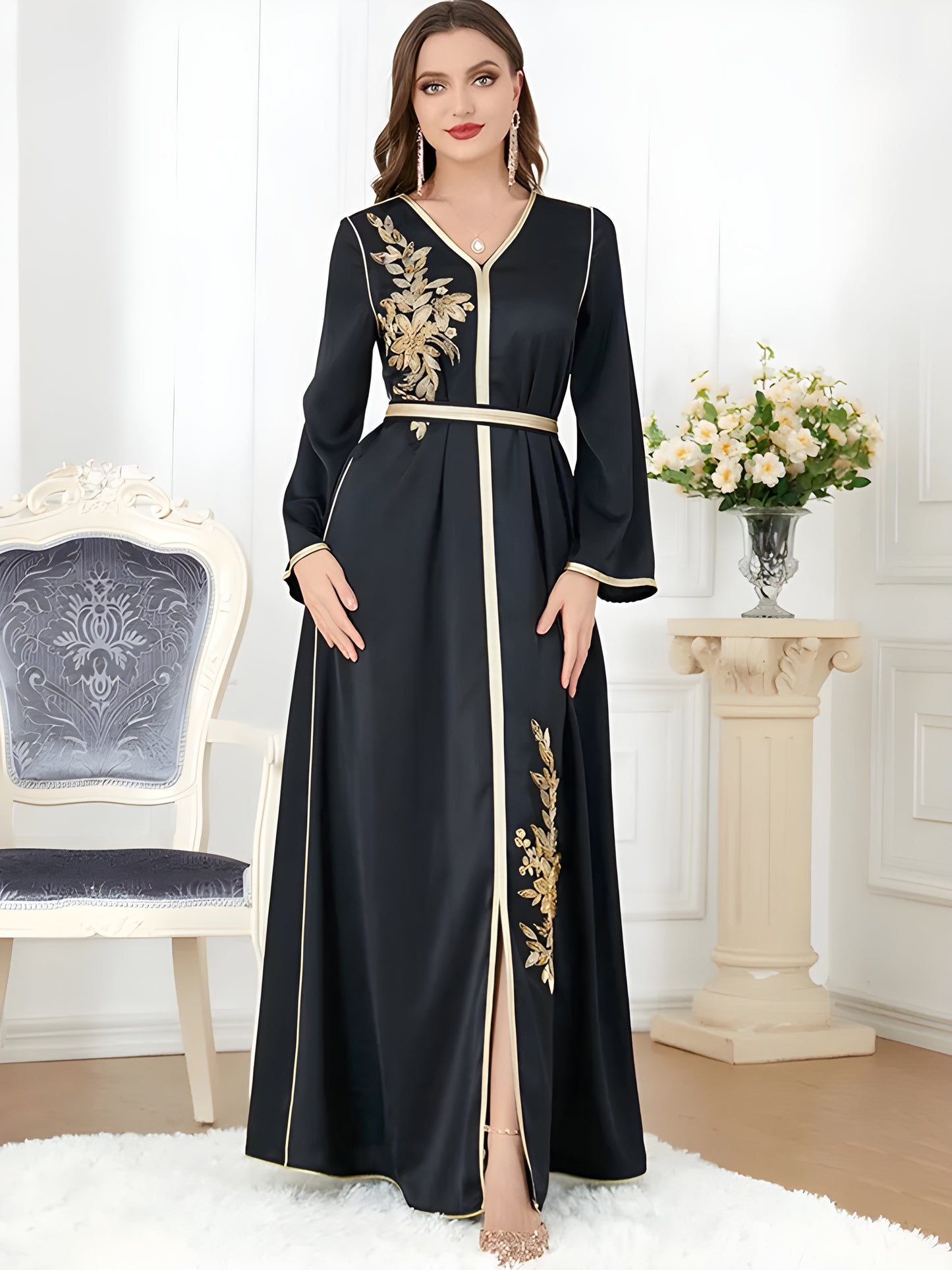 Alesyari Shop I Black Satin Evening Party Dress with Beading and Embroidery