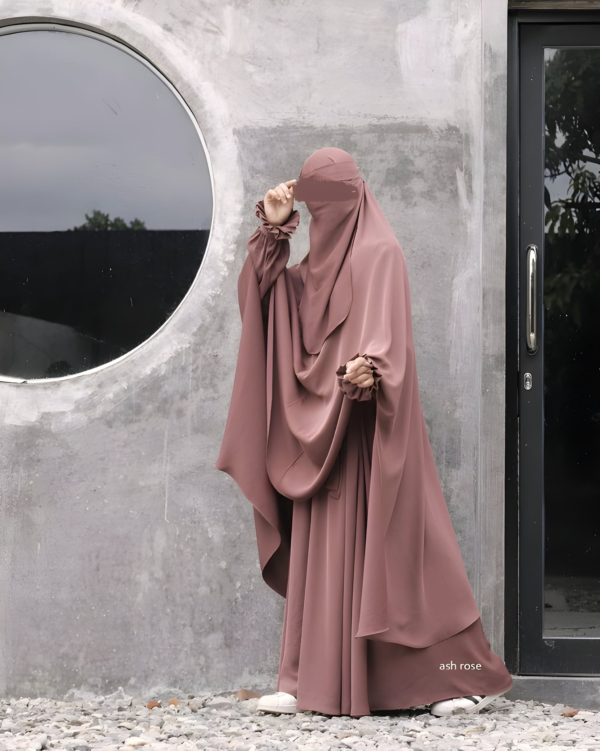 Abaya Nourah Series Basic Non Pad Khimar with Niqab Bandana in Ash Rose color.