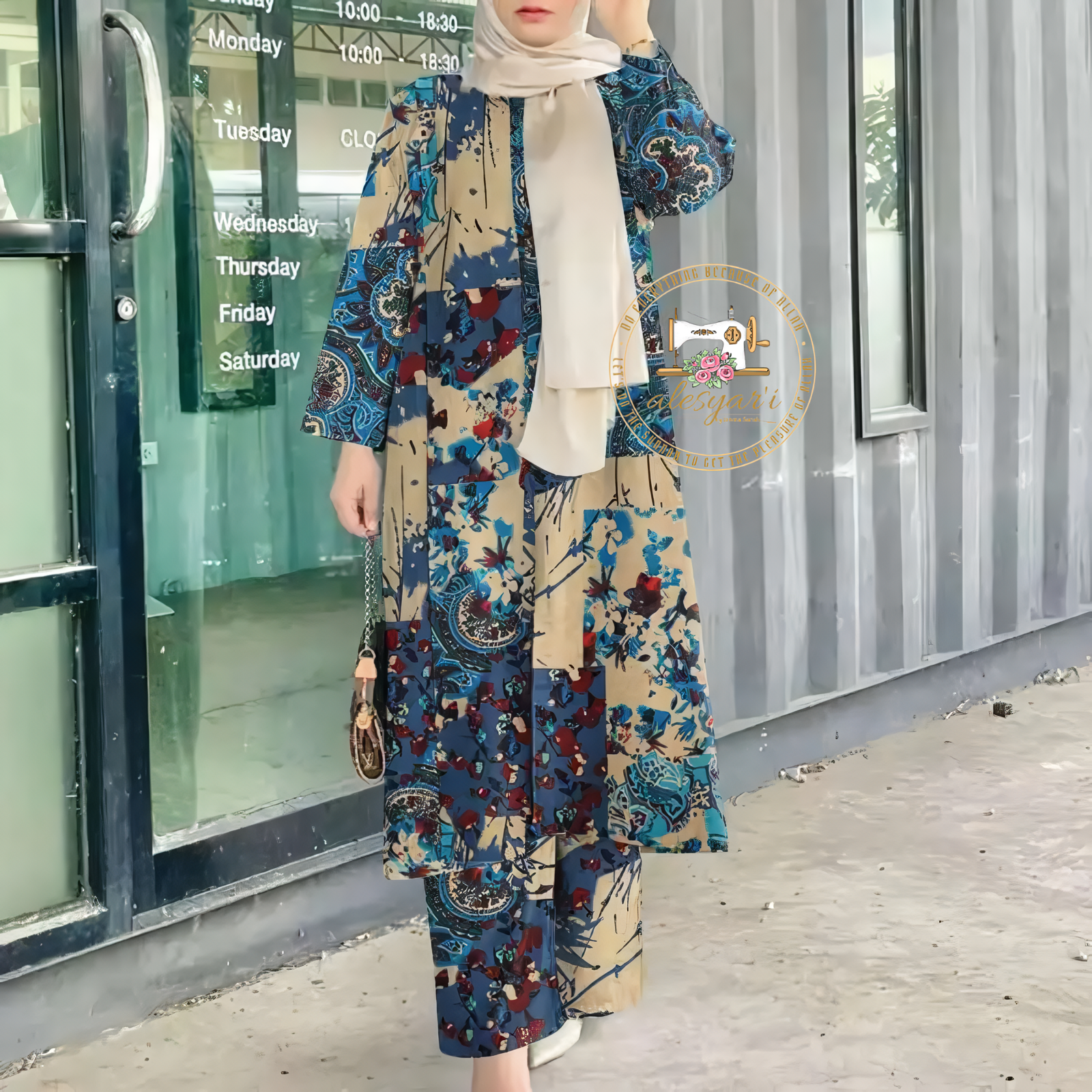 Alesyari Shop I Timeless Elegance : 2PCS Women's Islamic Clothing Sets with Vintage Floral Printed Long Tops and Pants Suits