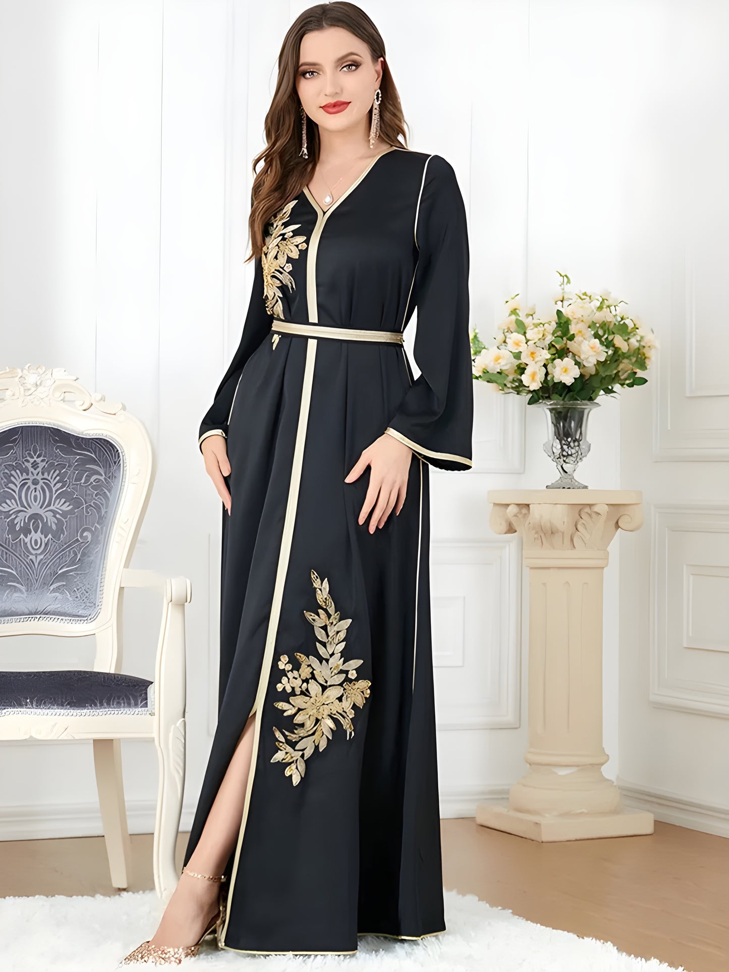 Alesyari Shop I Black Satin Evening Party Dress with Beading and Embroidery