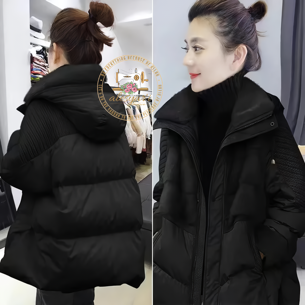 Alesyari Shop I Winter Glam: Elevate Your Style with a Loose-Fit Hooded Parker, Women's Down Jacket with Knitting Patchwork for a Warm and Fashionable Coat