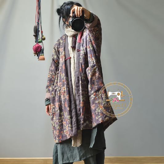 Alesyari Shop I Elevate Your Winter Style: Vintage Floral Print Women's Parkas in Cotton Linen, Featuring Button V-Neck and Long Sleeves for Cozy Warmth