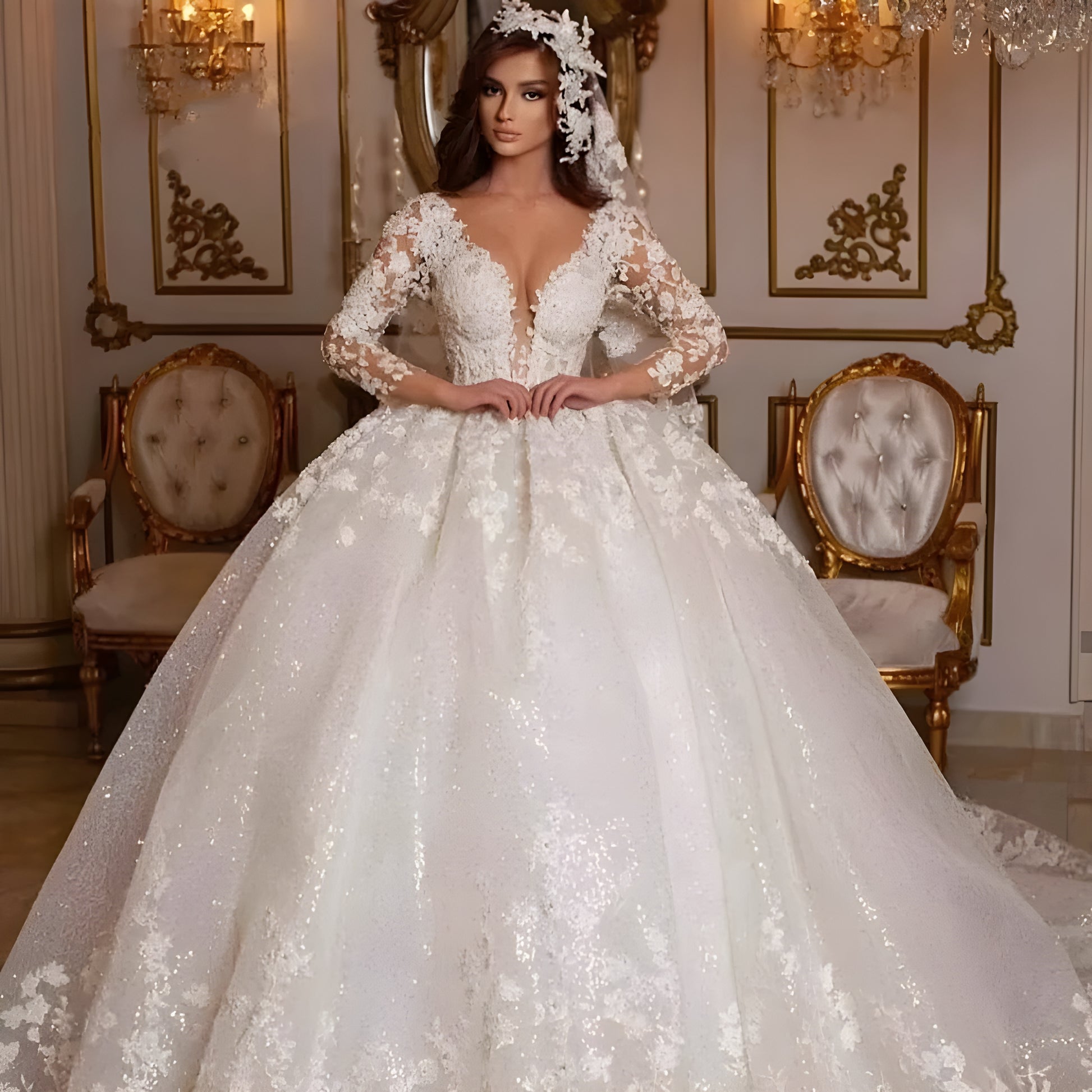 Retro Lace Wedding Dresses Princess Ball Gown Beading Bridal Gowns Shinny Long Sleeves Ivory Dubai Marriage Dress