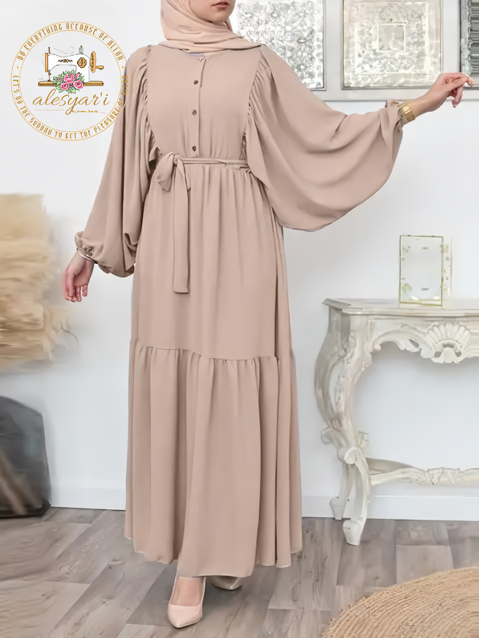 Alesyari Shop I Comfort Oversized Puff Sleeve Muslim Shirt Dress with Hijab - Stylish Casual Wear for Women