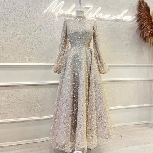 Alesyari Shop I 2023 Dubai A-Line Evening Wedding Gown for Muslim Women High Neck Long Sleeve Plus Size Sequined Formal Party Prom Dress