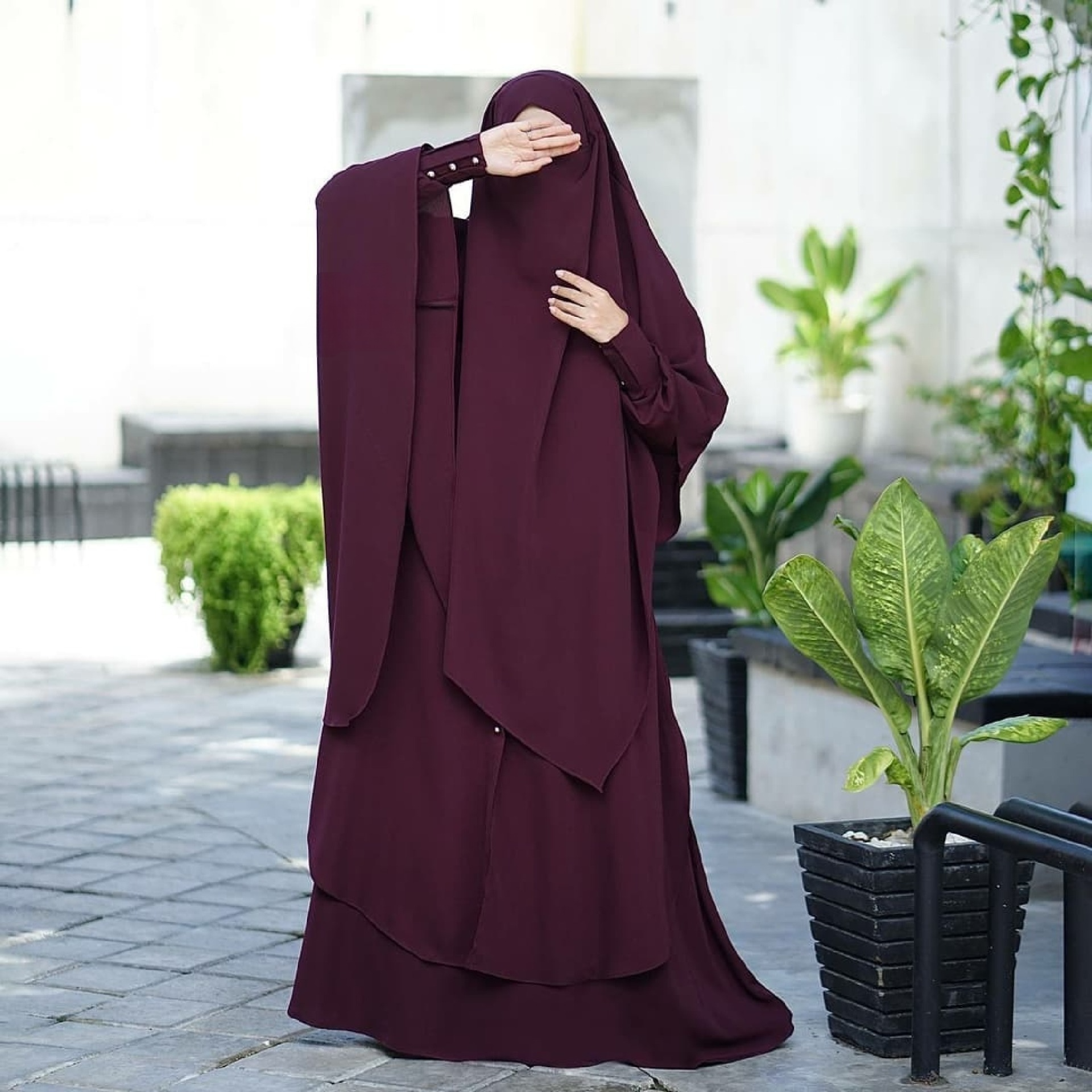 Raada French Khimar or Non Pad Abaya Semi Tunic in Maroon Color