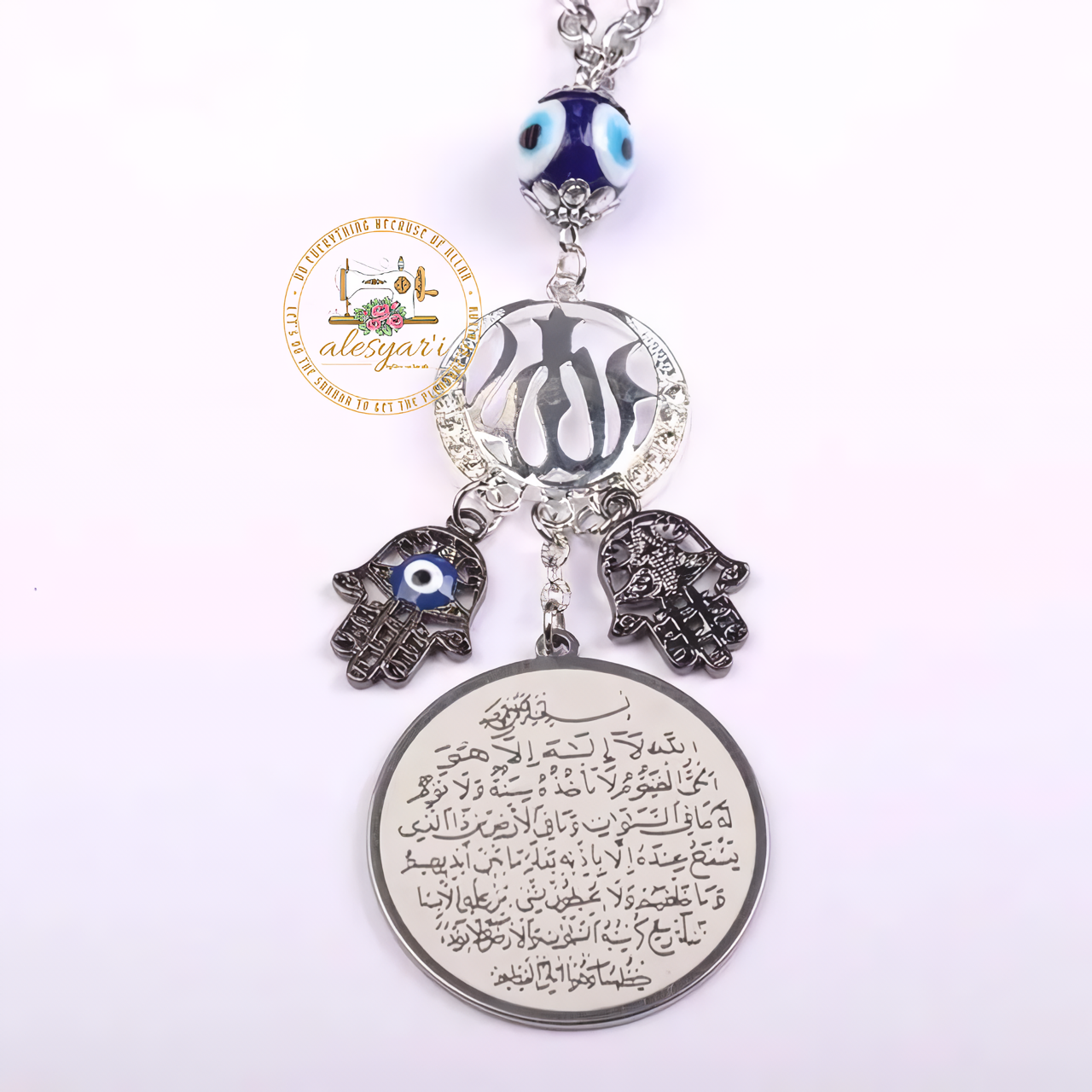 Alesyari Shop I Stainless Steel Evil Eye Car Mirror Pendant – A Trendy Fusion of Islamic and Christian Scripture Jewelry