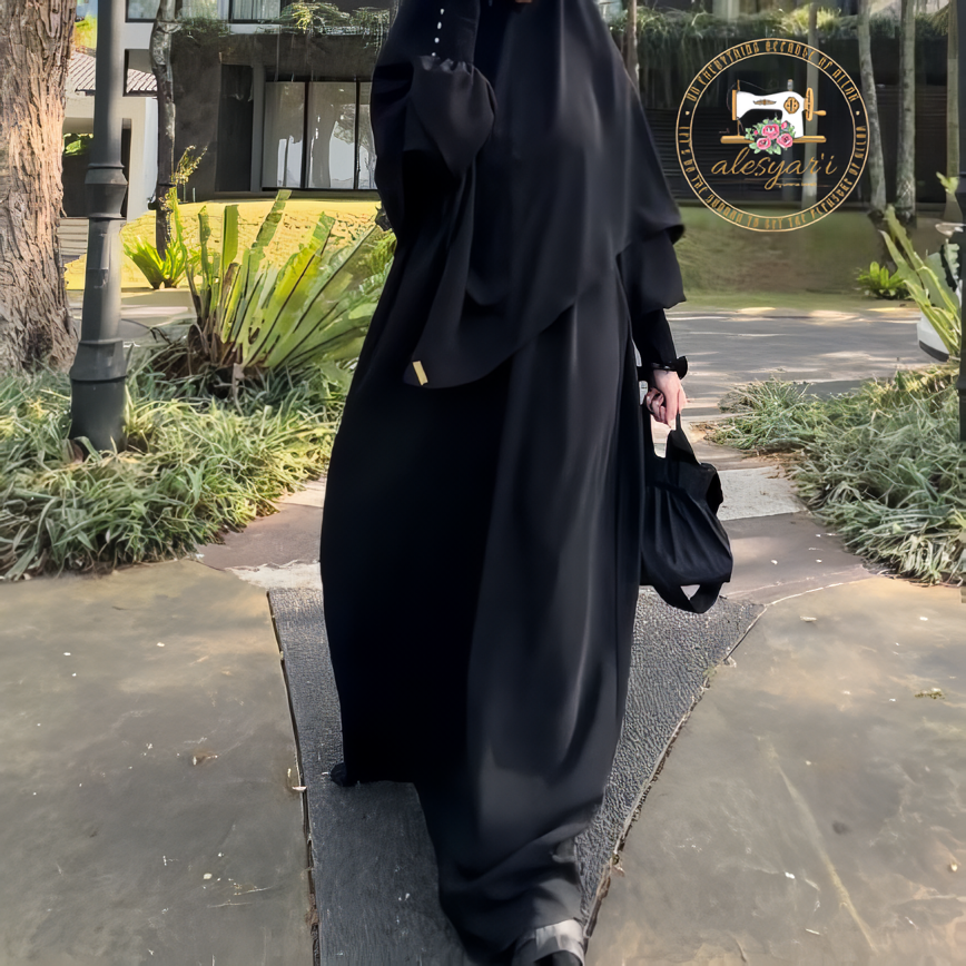 Alesyari Shop I Jet Black Mina Mazen Abaya Set Premium Comfort for Haji and Umrah