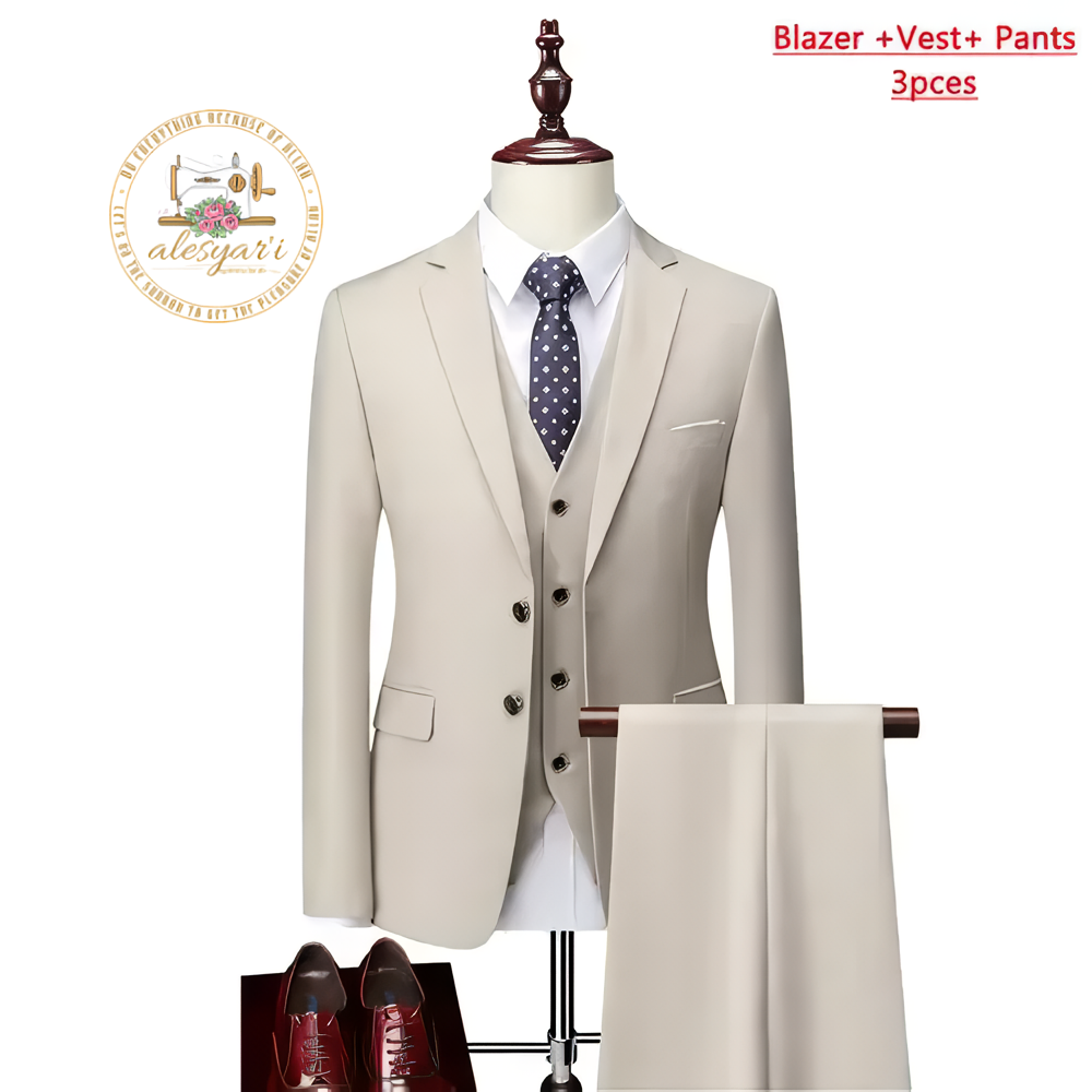 Alesyari Shop I High-End Three-Piece Suit - Impeccable Jacket, Vest, and Pants in a Refined Solid Color Design a Formal Business Menswear