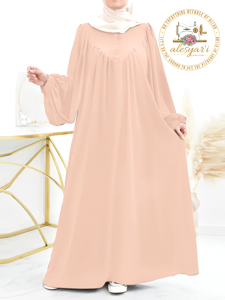 Alesyari Shop I Comfort Oversized Puff Sleeve Muslim Shirt Dress with Hijab - Stylish Casual Wear for Women