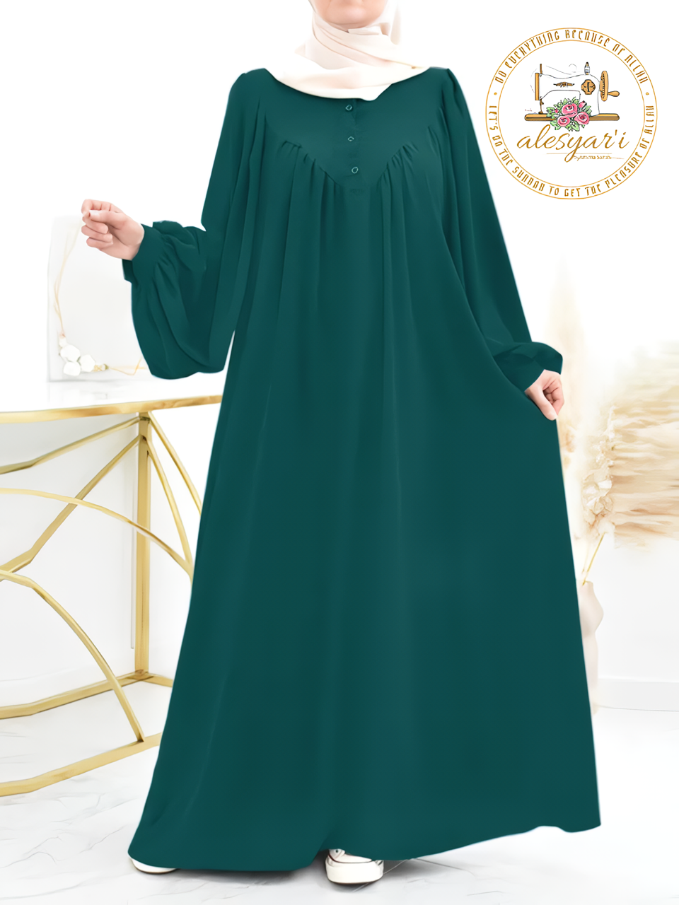 Alesyari Shop I Comfort Oversized Puff Sleeve Muslim Shirt Dress with Hijab - Stylish Casual Wear for Women