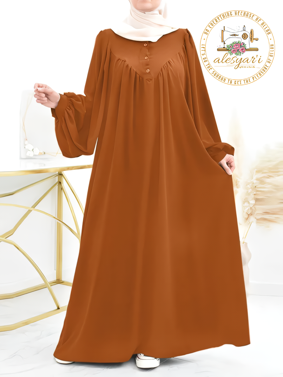 Alesyari Shop I Comfort Oversized Puff Sleeve Muslim Shirt Dress with Hijab - Stylish Casual Wear for Women