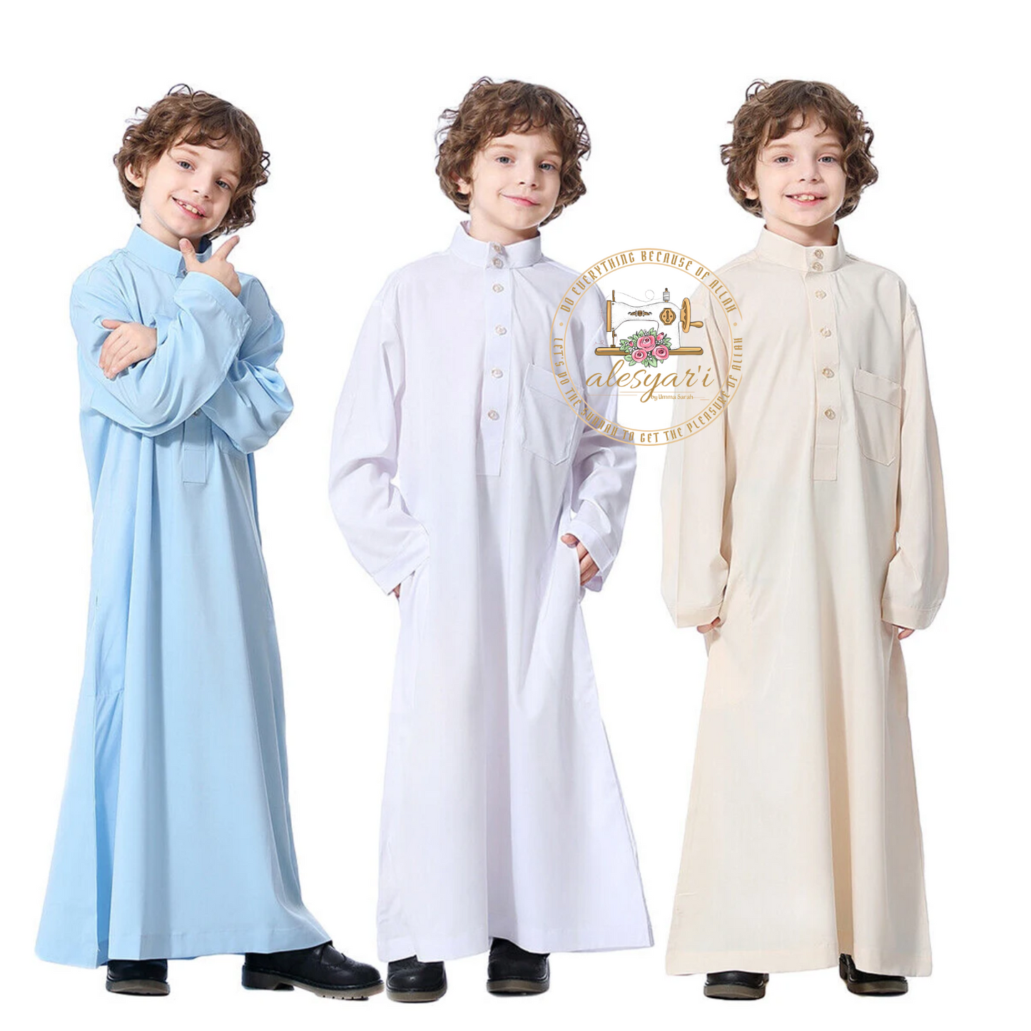 Alesyari Shop I Boys Kids Islamic Muslim Juba Kaftan Robe Arabian Dubai Qatar Boy Long Sleeve Shirt Abaya Robe Dress Solid Color