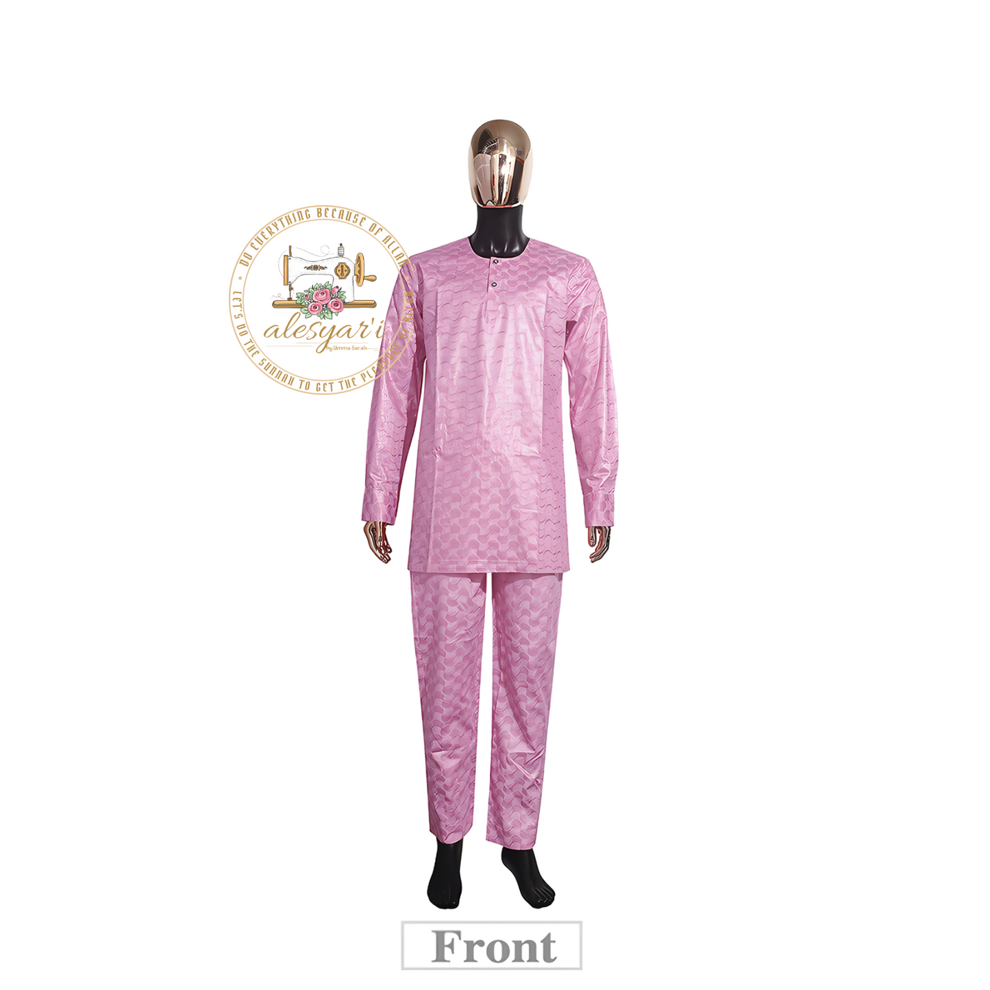 Alesyari Shop I Traditional African Bazin Embroidery Dashiki Pink Men's Clothing: 3-Piece Set with Long Sleeve Shirt and Pants