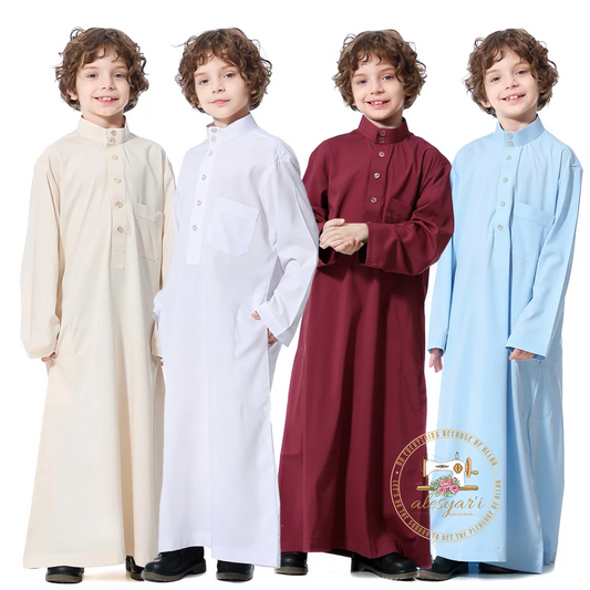 Alesyari Shop I Boys Kids Islamic Muslim Juba Kaftan Robe Arabian Dubai Qatar Boy Long Sleeve Shirt Abaya Robe Dress Solid Color