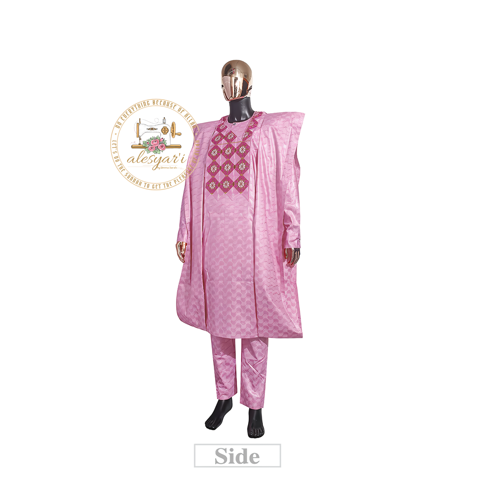 Alesyari Shop I Traditional African Bazin Embroidery Dashiki Pink Men's Clothing: 3-Piece Set with Long Sleeve Shirt and Pants