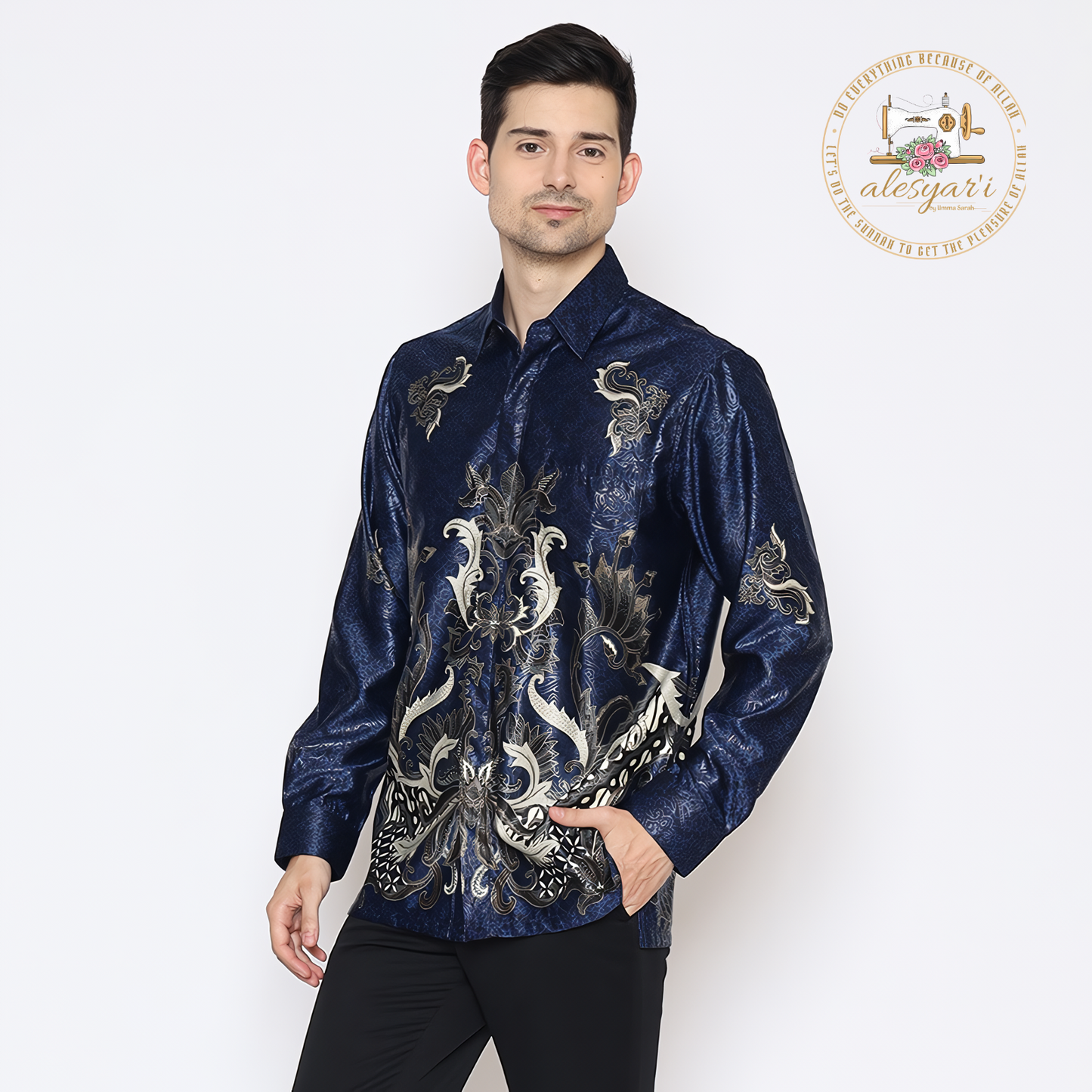 Alesyari Shop I An Elegant Party-Ready Semi-Silk Long Shirt for Men in Batik Print