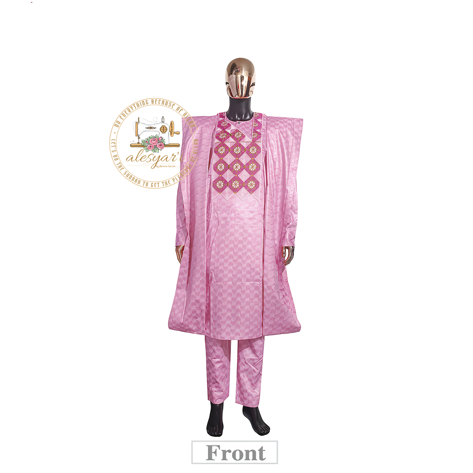 Alesyari Shop I Traditional African Bazin Embroidery Dashiki Pink Men's Clothing: 3-Piece Set with Long Sleeve Shirt and Pants