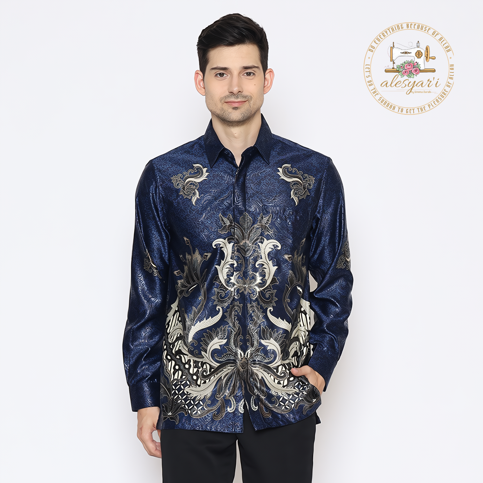 Alesyari Shop I An Elegant Party-Ready Semi-Silk Long Shirt for Men in Batik Print