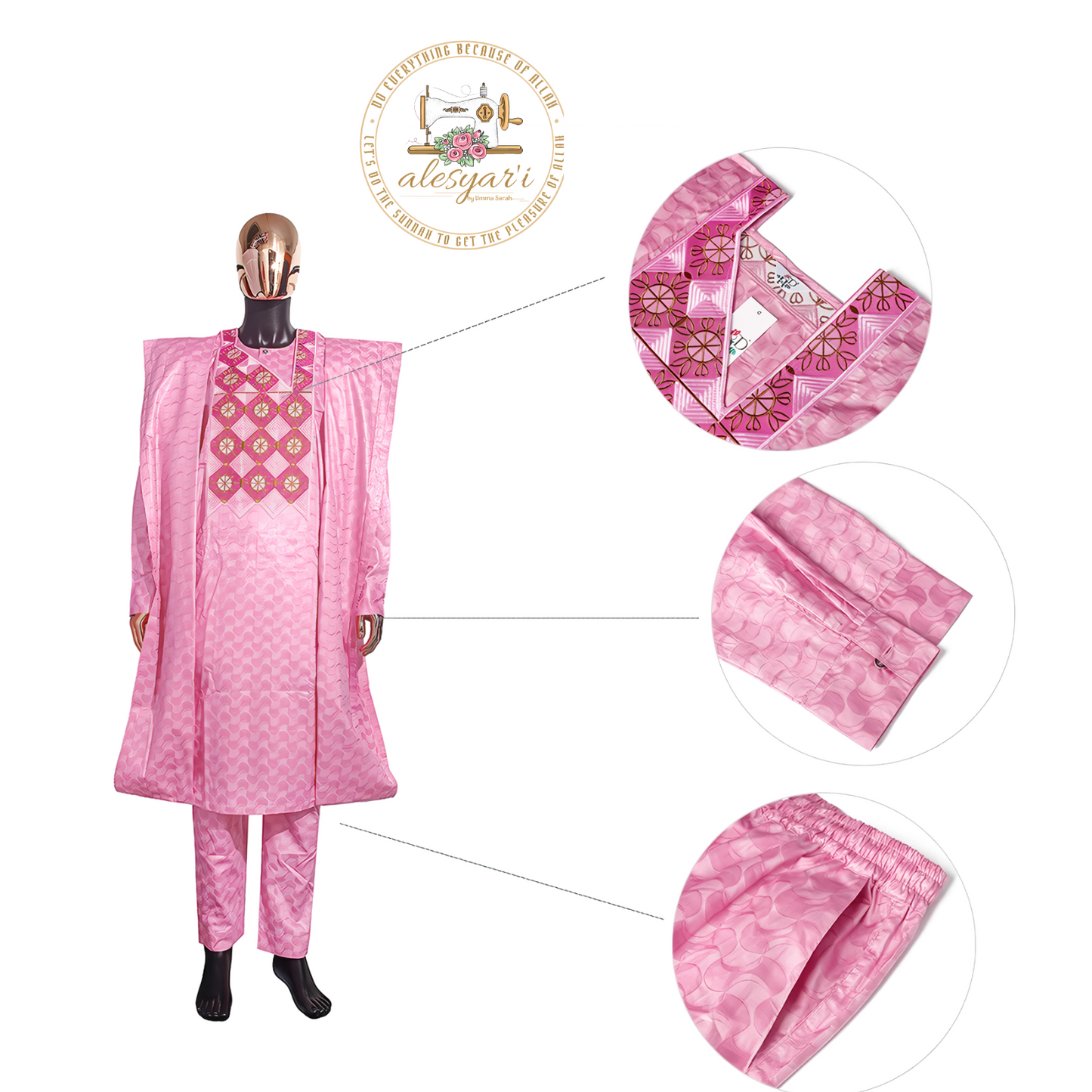 Alesyari Shop I Traditional African Bazin Embroidery Dashiki Pink Men's Clothing: 3-Piece Set with Long Sleeve Shirt and Pants