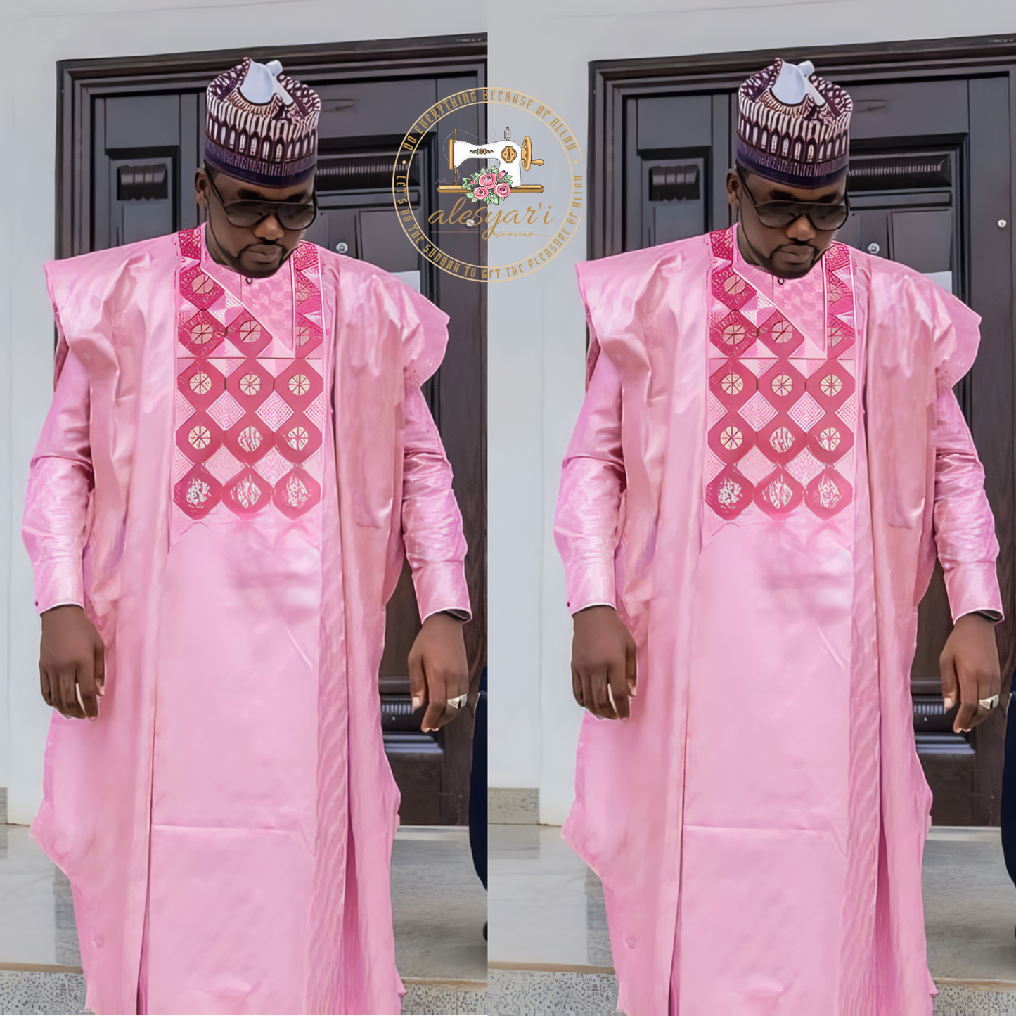 Alesyari Shop I Traditional African Bazin Embroidery Dashiki Pink Men's Clothing: 3-Piece Set with Long Sleeve Shirt and Pants