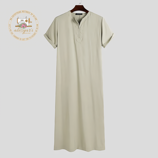 Alesyari Shop I 2024 Mens Muslim Robe - Casual Abaya with Stand Collar, Long Sleeves, and Solid Arab Jubba