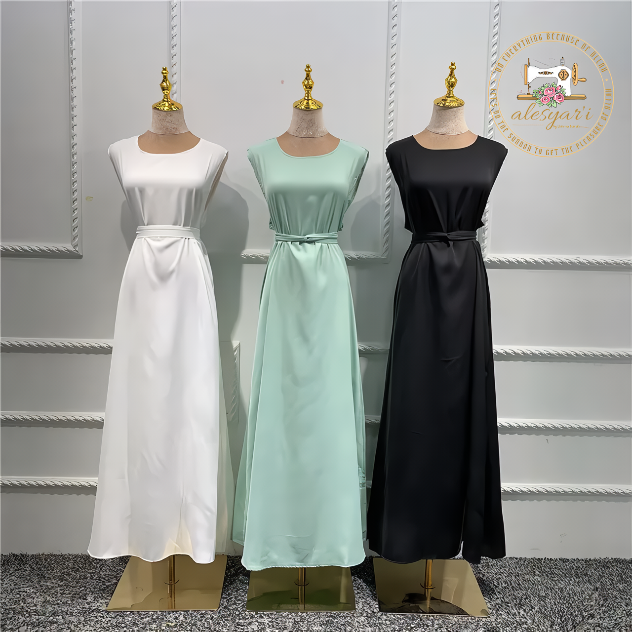 Alesyari Shop I Stylish Modest Abaya French-Inspired Islamic Dresses with Silky Elegance and Belt Detail