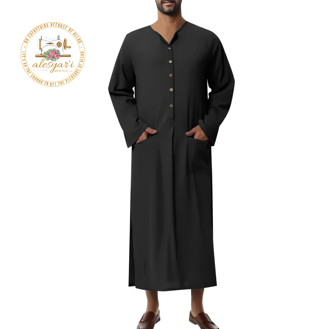 Alesyari Shop I Mens Islamic 2024 Jubba Thobe Long Sleeve, Solid Pockets,  Abaya Dress Classic Muslim Kaftan for Discerning Gentlemen