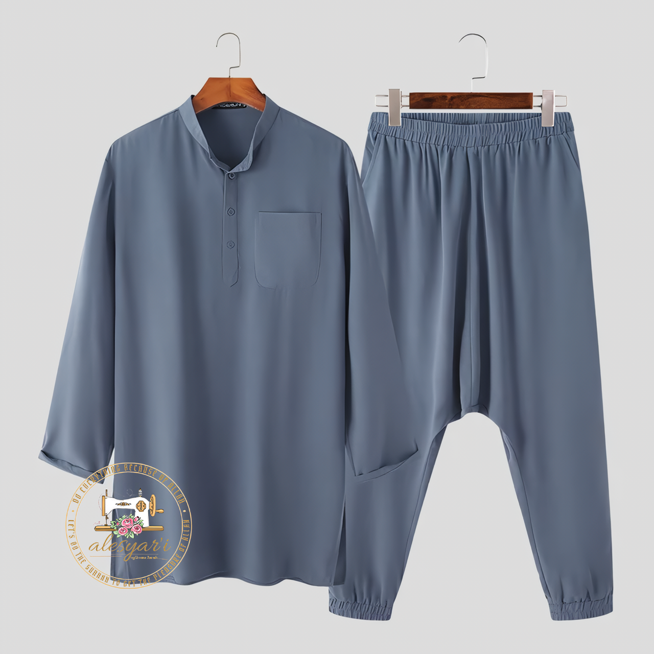 Men's Solid Vintage Muslim Attire featuring Stand Collar Long Sleeve Shirt & Drop-Crotch Pants in a Stylish 2-Piece Casual