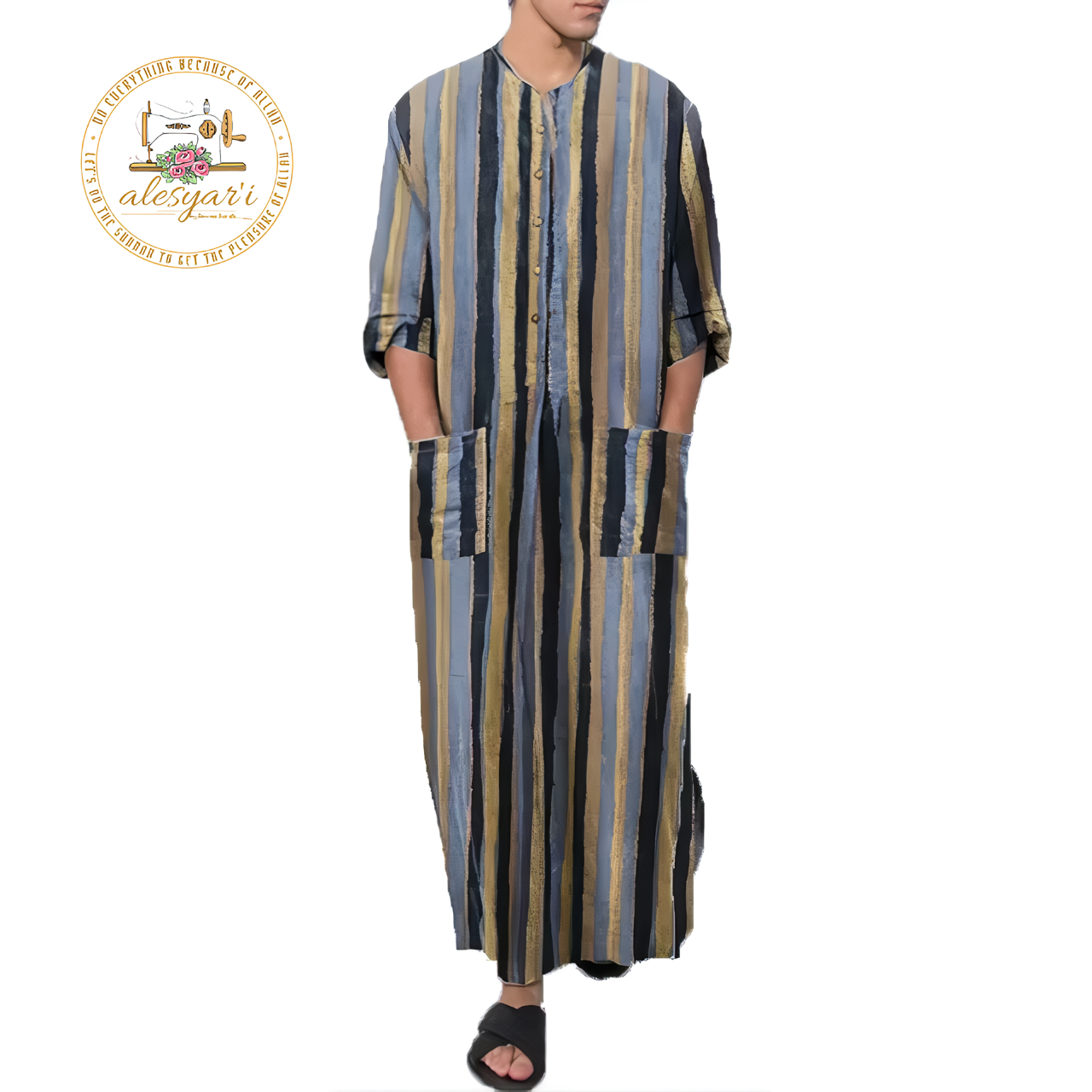 Alesyari Shop I Mens Islamic 2024 Jubba Thobe Long Sleeve, Solid Pockets,  Abaya Dress Classic Muslim Kaftan for Discerning Gentlemen