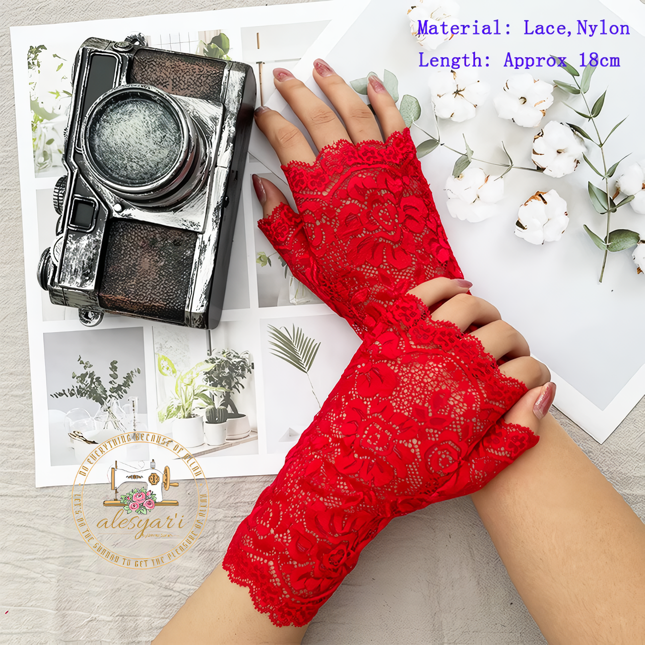 Alesyari Shop I Summer Sunscreen Lace Gloves Stylish Pair of Long Fingerless Silk Mittens with Elastic Sleeves for Women