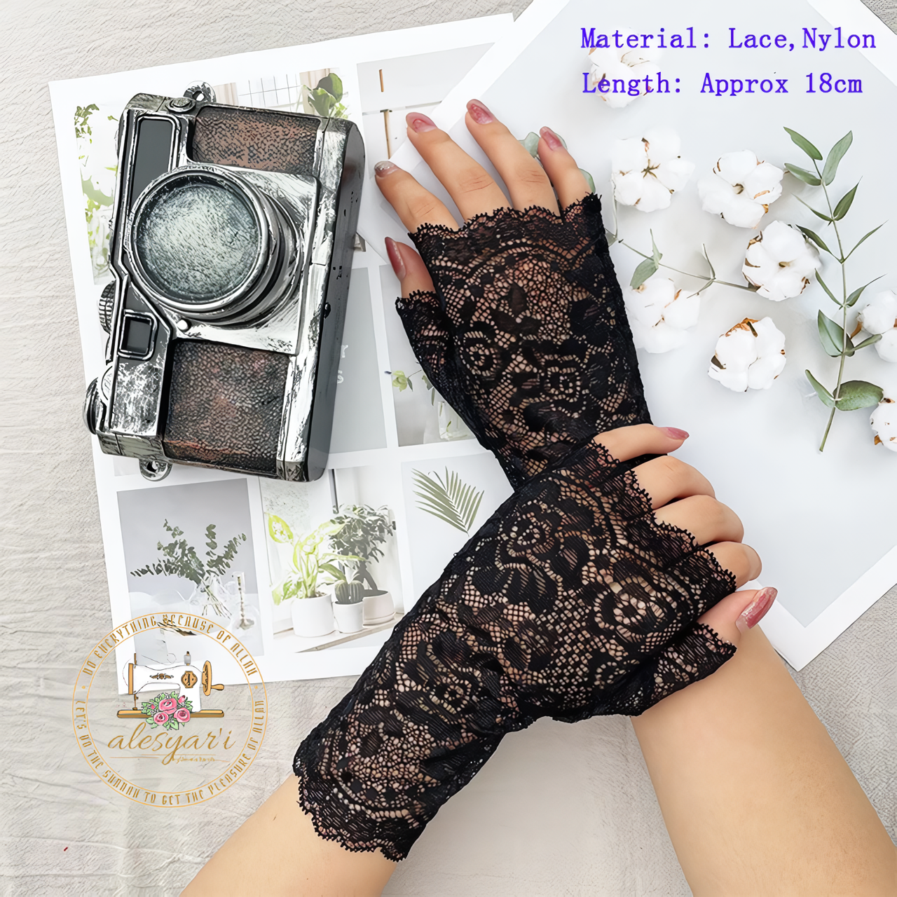 Alesyari Shop I Summer Sunscreen Lace Gloves Stylish Pair of Long Fingerless Silk Mittens with Elastic Sleeves for Women