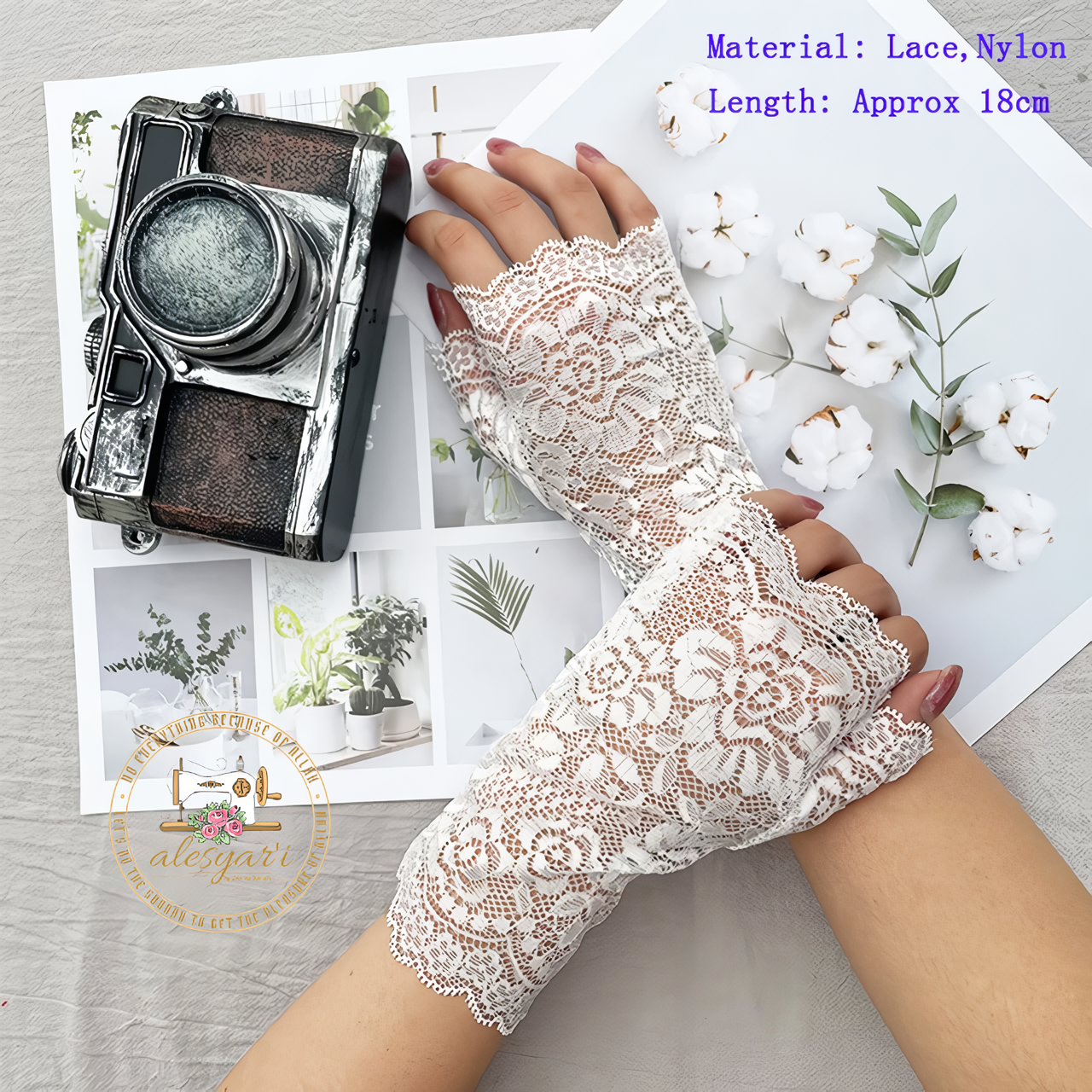 Alesyari Shop I Summer Sunscreen Lace Gloves Stylish Pair of Long Fingerless Silk Mittens with Elastic Sleeves for Women