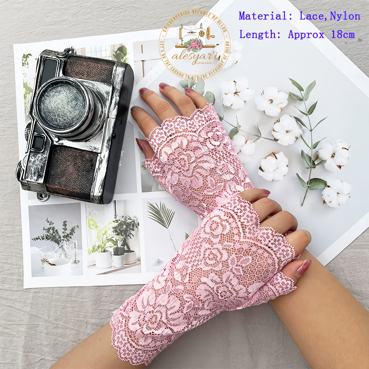 Alesyari Shop I Summer Sunscreen Lace Gloves Stylish Pair of Long Fingerless Silk Mittens with Elastic Sleeves for Women