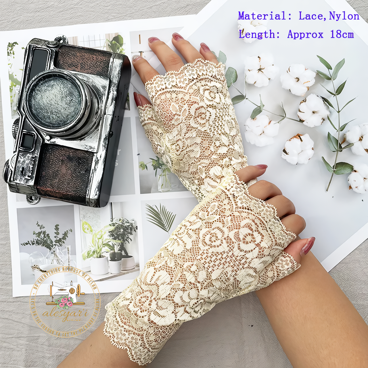 Alesyari Shop I Summer Sunscreen Lace Gloves Stylish Pair of Long Fingerless Silk Mittens with Elastic Sleeves for Women